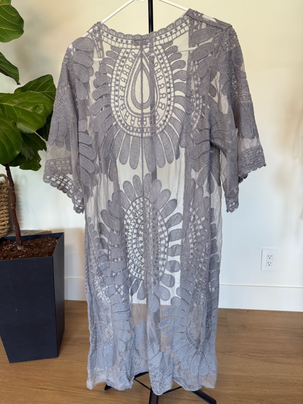 Rebellion Gray Lace Floral Kimono Overlay - Picture 2 of 5